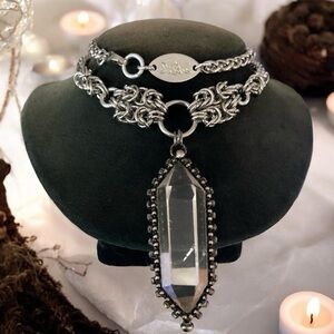 Handmade stainless steel maille necklace genuine big clear crystal quartz stone